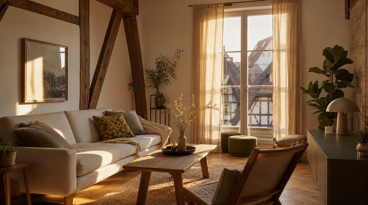 Salon alsacien lumineux dans un logement géré comme un hôtel